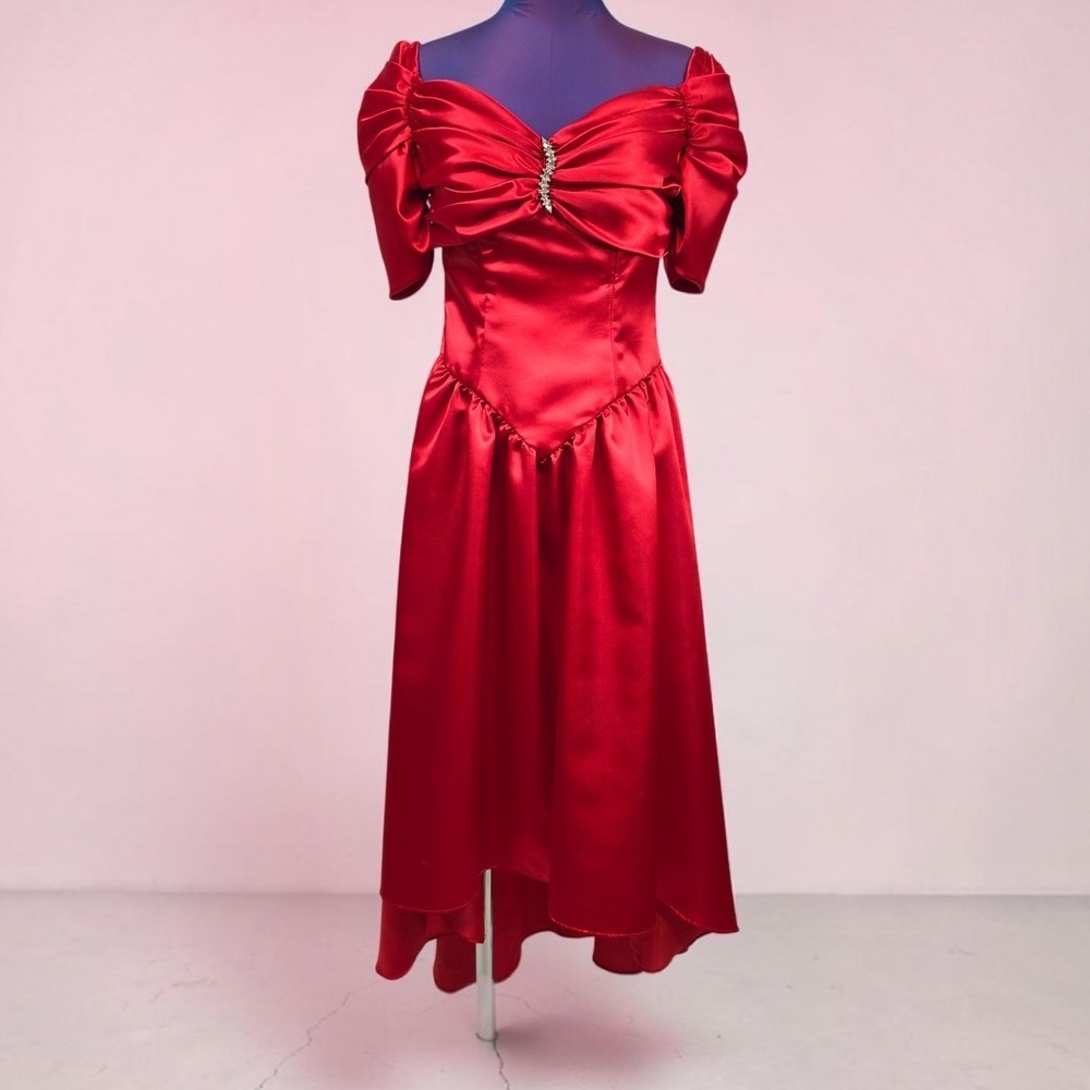 Vintage Jordan Red Satin High Low Prom Gown Dress Rhinestone 80s Made in USA 3/4